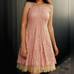 Trixxi Clothing Company Cocktail Dress Womens S Lace Pink Ivory Layer Sleeveless